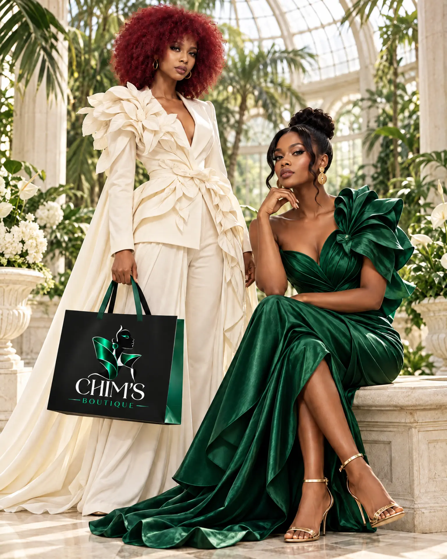 Deux mannequins Chim's Boutique dans un jardin de verre